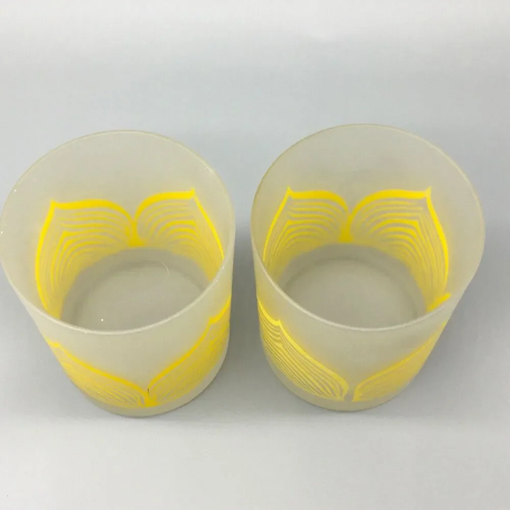 Vintage Georges Briard Low Ball Old Fashion Glasses MCM Pair Frost Clear Yellow